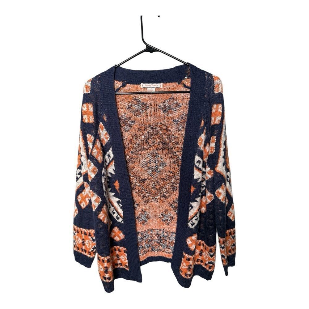 Flying Tomato Cardigan Blue Orange Small Womens Knit Aztec Open Front